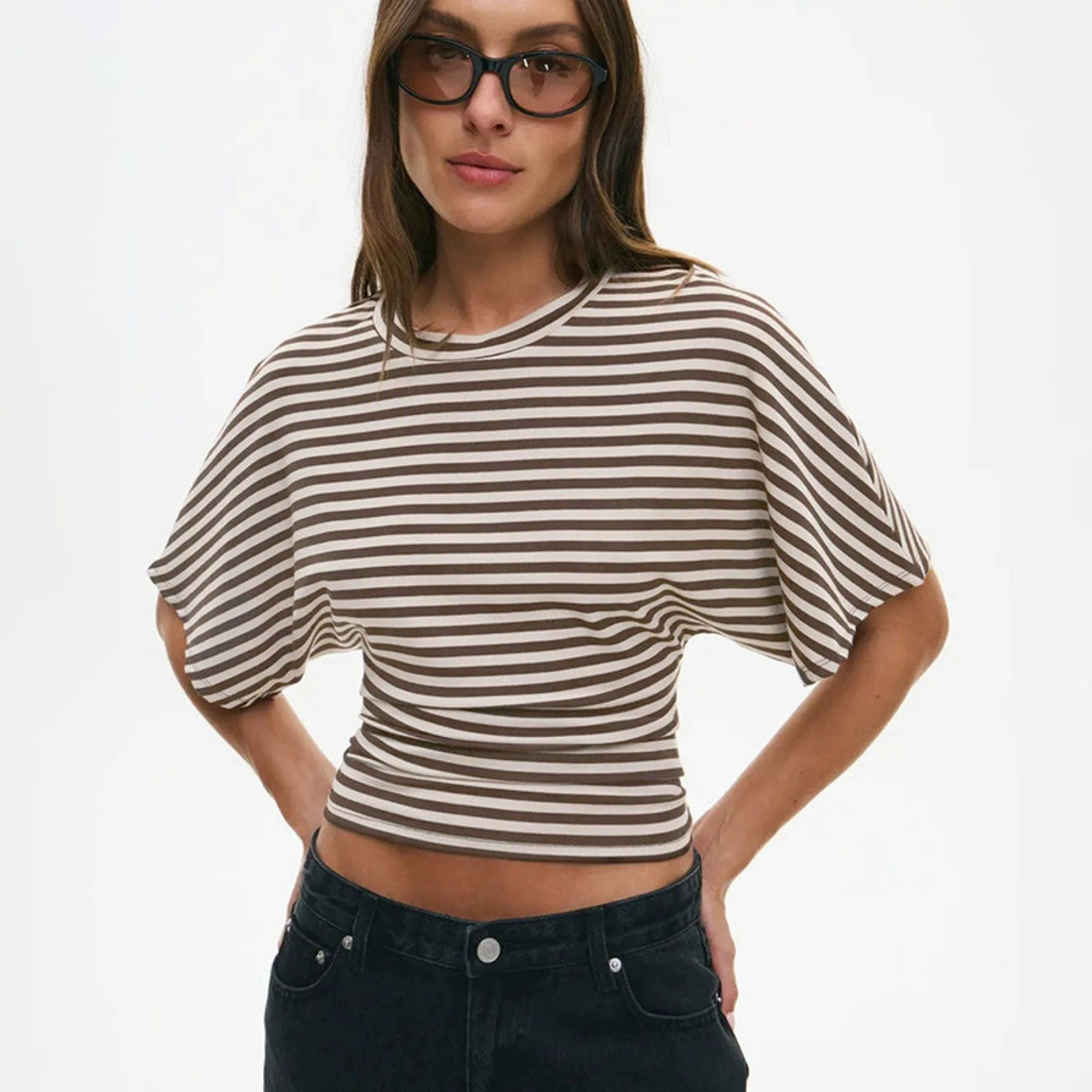 Zara Autumn Slim Striped Crew Neck Short Sleeve Top